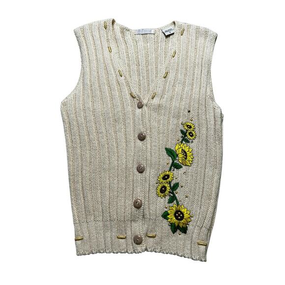 Vintage Jackets & Blazers - Vintage Mesh Knit SunFlower Embroidered Button Sweater Vest Women Sz Small USA